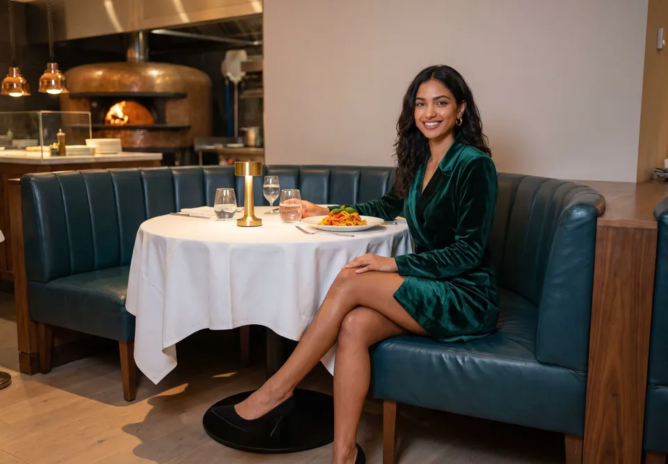 The same woman sits at a round table in a trattoria with a plate of tagliatelle, a wood-fired oven glowing in the open kitchen behind her.